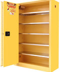 Badass Fire Safety Paint Storage Cabinet With Slick Sliding Doors And Knockout 18 Gauge Steel Frame Proven For Total OSHA Compliance And Hella Safe Shop Setup Featuring Five Handy Adjustable Shelves Plus A Heavy Duty Yellow Urethane Coat; open cabinet showing five adjustable metal shelves.