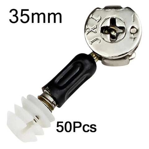 Close-up of Three In One Furniture Connector Kit with Cam Locks Nuts Screws Dowels, 35mm size, 50 pieces.