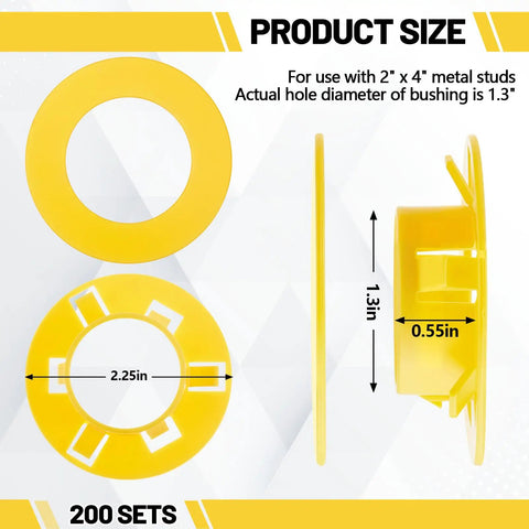 Tough As Nails Polypropylene Wire Grommets For 2X4 Metal Studs Bulk 200 Pack showing size dimensions and hole diameter.