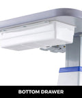 Bottom drawer of Beefy Dual Instrument Motorized Working Table For Optics And Eyewear, adjustable carbon steel frame detail.