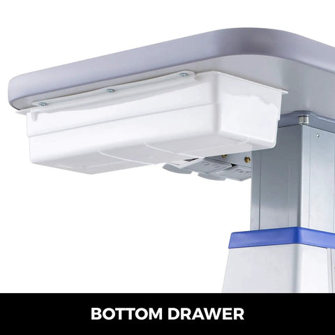 Bottom drawer of Beefy Dual Instrument Motorized Working Table For Optics And Eyewear, adjustable carbon steel frame detail.