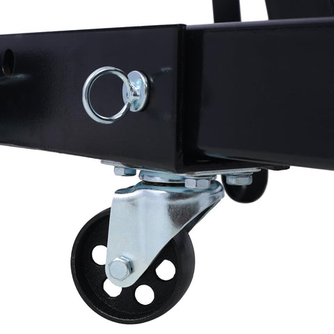 Close-up of caster wheel and pivot on Two Ton Folding Engine Hoist Cherry Picker Shop Crane Made From Badass Heavy Duty Steel.