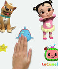 Cocomelon Peel And Stick Wall Decals Set 48 Multicolor Stickers with characters, kid-friendly design, and hand for size reference.