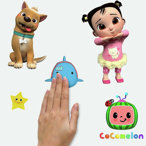 Cocomelon Peel And Stick Wall Decals Set 48 Multicolor Stickers with characters, kid-friendly design, and hand for size reference.