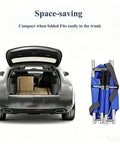 Lightweight Four-Fold Emergency Stretcher With Aluminum Alloy Frame fits in car trunk, illustrating portability.
