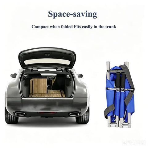 Lightweight Four-Fold Emergency Stretcher With Aluminum Alloy Frame fits in car trunk, illustrating portability.