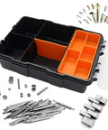 All Purpose Tool Parts Box With Removable Tray And 10 Plus Compartments Plastic Storage Case For Nails Screws Nuts Bolts Home DIY Organizer Waterproof Durable Box For Workshop And Garage, showing compartments with screws and bolts