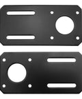 Motor mounting brackets for NEMA 17 stepper motors; black metal, 2-pack with slotted and circular holes (front view)