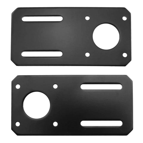 Motor mounting brackets for NEMA 17 stepper motors; black metal, 2-pack with slotted and circular holes (front view)