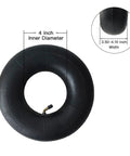 Two Pack Heavy Duty Inner Tubes For 4.10 3.50 4 Tires With TR87 Bent Valve Stem Fit Wheelbarrows Mowers Hand Trucks Yard Trailers And More Made From Durable Butyl Rubber For Long Lasting Performance, showing a tube with valve and dimensions.