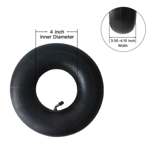 Two Pack Heavy Duty Inner Tubes For 4.10 3.50 4 Tires With TR87 Bent Valve Stem Fit Wheelbarrows Mowers Hand Trucks Yard Trailers And More Made From Durable Butyl Rubber For Long Lasting Performance, showing a tube with valve and dimensions.
