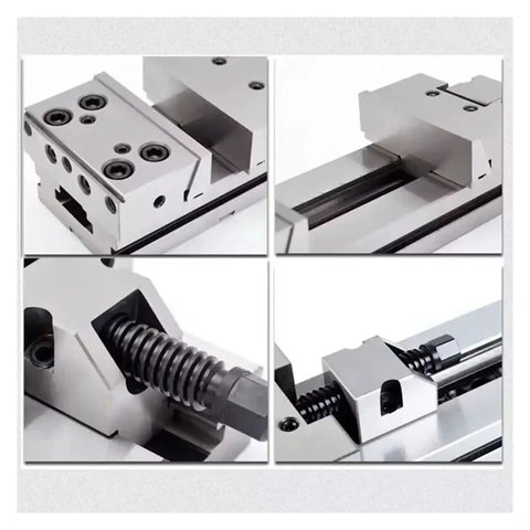 Heavy Duty 6 Inch Manual Tool Maker Vise Offering Beefy Clamping Force For Benchtop CNC Milling Grinding And Precision Woodworking Tasks With Dead Simple Workpiece Alignment. Close-up of the vise's jaw and clamping mechanism.