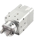 Badass Angular Rotary Actuator Delivering Slick Pneumatic Clamping And Dependable Grip Power with silver metal finish.
