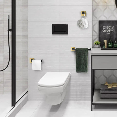 Bathroom with 3 Piece Stainless Steel Bathroom Hardware Set Rustproof SUS 304 Wall Mount Toilet Paper Holder, Towel Bar, and Robe Hook.