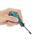 Real Deal Knockout Gear 4 Piece U Fork Spanner Screwdriver Kit With Magnetic CRV Steel Bits In M1.7 M2.0 M2.3 M2.6 Sizes For No Sweat PCB Fixes And Fast Door Maintenance Tasks Daily, held in hand.