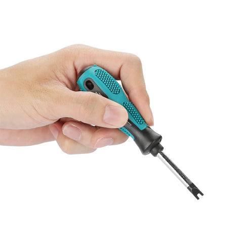 Real Deal Knockout Gear 4 Piece U Fork Spanner Screwdriver Kit With Magnetic CRV Steel Bits In M1.7 M2.0 M2.3 M2.6 Sizes For No Sweat PCB Fixes And Fast Door Maintenance Tasks Daily, held in hand.