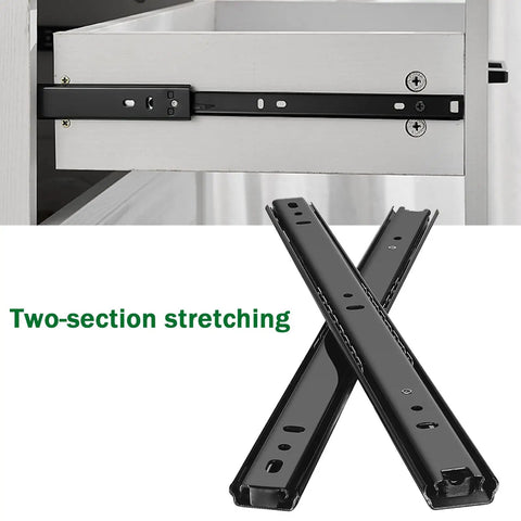 Heavy Duty Drawer Slides Detachable Two Fold Glides Black Metal Two Stage Extension Quiet Smooth Operation Built To Last Rust Resistant Steel With Ball Bearings And Anti Collision Rubber Pads For Cabinets, black steel two-section slide