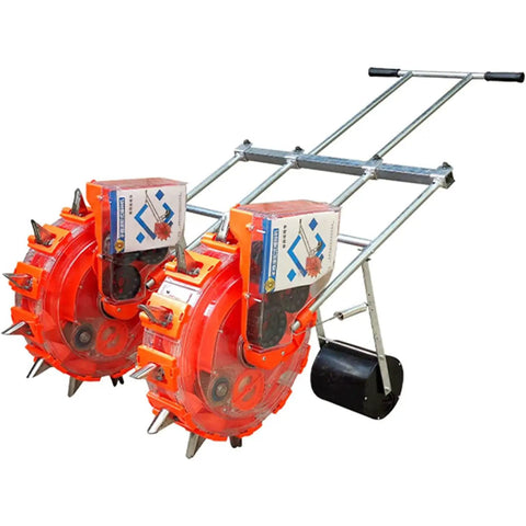 Double Row Hand Push Garden Seeder With Nine Openings, Portable Manual Planter pictured in red with metal frame