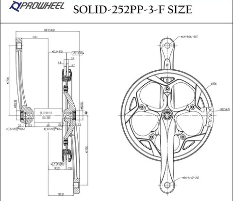 Technical drawing of Beefy 130mm BCD 52T Bike Crankset With 165 170 172.5 175mm Crank Arms Forged 6061 T6 Alloy.