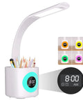 LED Desk Lamp With Clamp And Flexible Gooseneck, Tall Task Light For Home Office, touch control, pencil holder, clock display