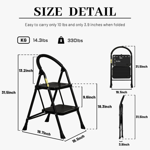 2 Step Folding Step Stool With Wide Anti Slip Pedal And Comfort Handgrip Lightweight Steel Ladder Portable For Home Easy Open Safety Fold Supports Up To 330 Pounds size details