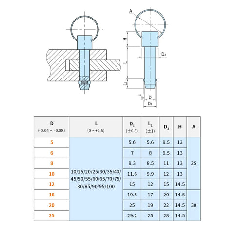 Rugged 10mm Stainless Steel Quick Release Pin With Push Pull Mechanism For Tool Free Locking, High Load Capacity And Corrosion Resistant Design showing dimensions and specifications.