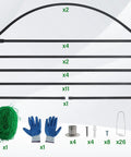 Heavy Duty Garden Arch Trellis For Climbing Plants components including metal rods, green twine, and gloves for assembly