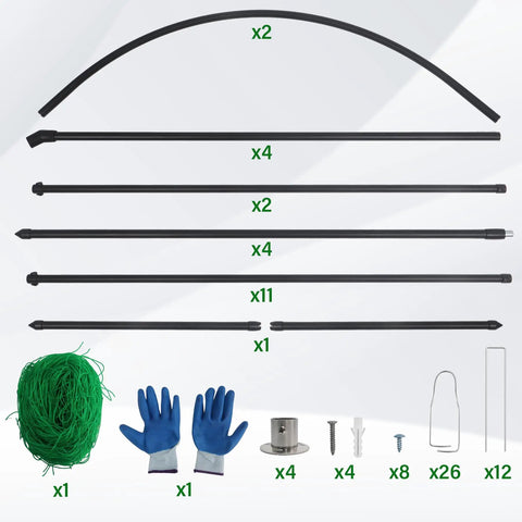 Heavy Duty Garden Arch Trellis For Climbing Plants components including metal rods, green twine, and gloves for assembly