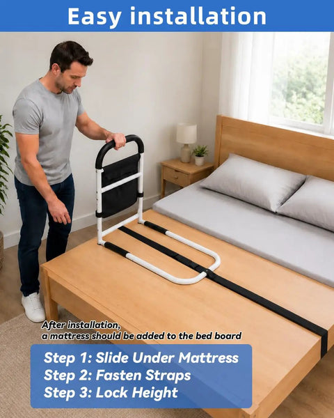 Man installing Beefy Heavy Duty Bed Rails For Seniors Safety Adjustable Bed Guard Rail For Fall Prevention Up To 350 Pound Capacity
