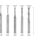 Five ball nose end mills with 1/8" shanks, 38 mm length, varying diameters 1.0–3.175 mm, solid carbide CNC router bits