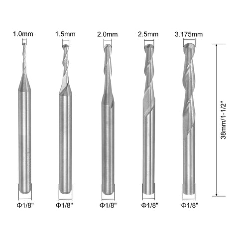 Five ball nose end mills with 1/8" shanks, 38 mm length, varying diameters 1.0–3.175 mm, solid carbide CNC router bits