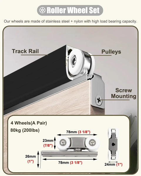 Top Shelf Barn Door Roller Wheel Kit With Stainless Steel Pulleys And Tough Nylon Glides For Smooth Cabinet Sliding Track Hardware, showing wheels and dimensions.