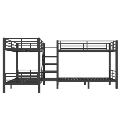 Twin L Shaped Metal Bunk Bed With Storage Shelves And Safety Guardrail Space Saving Black Finish Kid Friendly Space Saver