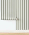 Grain Sack Stripe PVC Free Wallpaper Featuring Refined Linen Texture with green stripes, perfect for busy commercial spaces.