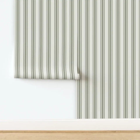 Grain Sack Stripe PVC Free Wallpaper Featuring Refined Linen Texture with green stripes, perfect for busy commercial spaces.