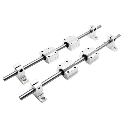 4 Pack 8mm By 100mm Case Hardened Chrome Plated Linear Motion Rods For CNC, 3D Printers, And DIY Machines, High Precision Chrome Finish, H8 Tolerance, Durable Carbon Steel Rods For Smooth Linear Guidance, shown with linear bearings