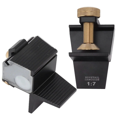 Dead On Accurate 7 Degree Dovetail Magnetic Saw Guide For Hand Woodworking Birdtail Joints Built Like A Tank Aluminum Alloy Build Precision Craft Jig, close-up view of adjustable aluminum guide.