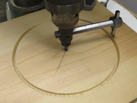 Heavy Duty Circle Cutter For Drill Press, Adjustable From 1 3/4 Inches To 7 7/8 Inches, cutting a circle in wood on a drill press