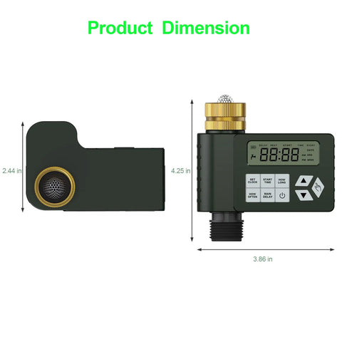 Garden Hose Faucet Water Timer With Brass Inlet For Outdoor Irrigation Programmable Sprinkler Timer dimensions shown