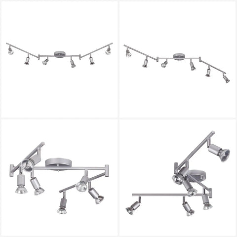 Payton 6 Light Foldable Track Lighting in Matte Silver with pivoting heads shown from multiple angles, minimalist modern fixture.