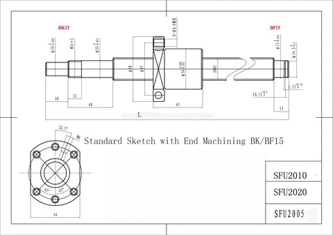 SFU2005 RM2005 Ball Screw Assembly 450mm 20mm Diameter With Ballnut And Housing End Supports BK BF15 And Coupler For CNC Machines High Precision 0.05 mm Tolerance Low Noise Smooth Rotation Beefy Steel Build, technical drawing