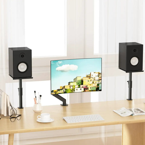 Clamp On Speaker Stand Desk Mount Set With Height Adjustable Swivel Trays For Bookshelf Speakers 9.6 By 8.8 Inch Platform Universal Audio Holders Elevated Sound 2 Pack Black, holding speakers on a desk next to a monitor.