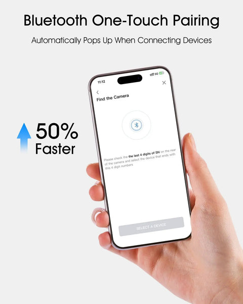 Hand holding smartphone showing Bluetooth one-touch pairing setup for wireless security camera.