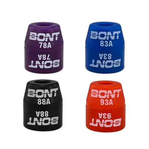 Replacement Top Cone Cushions And Bottom Barrel Cushions 8 Piece Set For Quad Roller Skate Derby Plates Made In USA Purple 78A Blue 83A Black 88A Red 93A For Dope Skaters displayed with hardness labels.