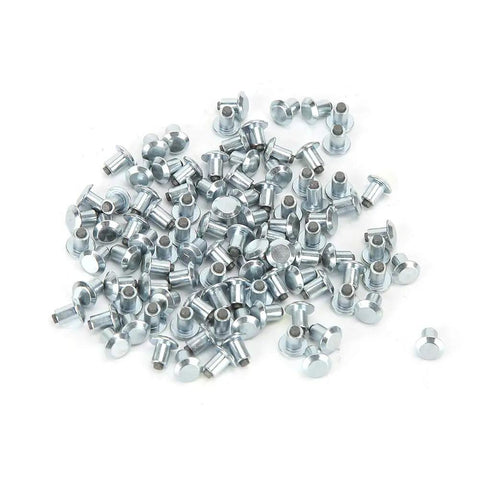 Heavy Duty Non Slip Tire Studs For Cars Trucks Atvs And Motorcycles With Built Different Tungsten Steel Core For Ice Snow And Mud Traction 100 Piece Pack of silver tungsten tire studs arranged in a pile.