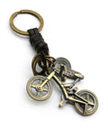 Vintage Leather And Bronze Bicycle Keychain With Metal Wheel And Handlebars Pendant, Personalized Key Ring