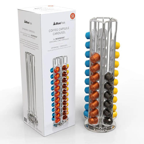 Rotating Nespresso Capsule Carousel With 360 Degree Rotation Holds 50 OriginalLine Pods Plus Central Compartment For Extra Storage Chrome Finish Coffee Pod Dispenser Organizer Rack Stand For Easy Counter Access And Fresh Brews with packaging