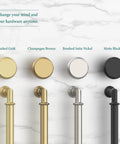 Brushed gold, champagne bronze, brushed satin nickel, matte black cabinet pulls on marble background