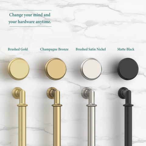 Brushed gold, champagne bronze, brushed satin nickel, matte black cabinet pulls on marble background