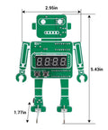 Alarm Clock Soldering Practice Kit For Students And Makers Build Your Own 4 Digit Robot Digital Clock With Temperature Display And STEM Circuit Board Project For Classroom Or Desk, showing green robot-shaped circuit board with dimensions.